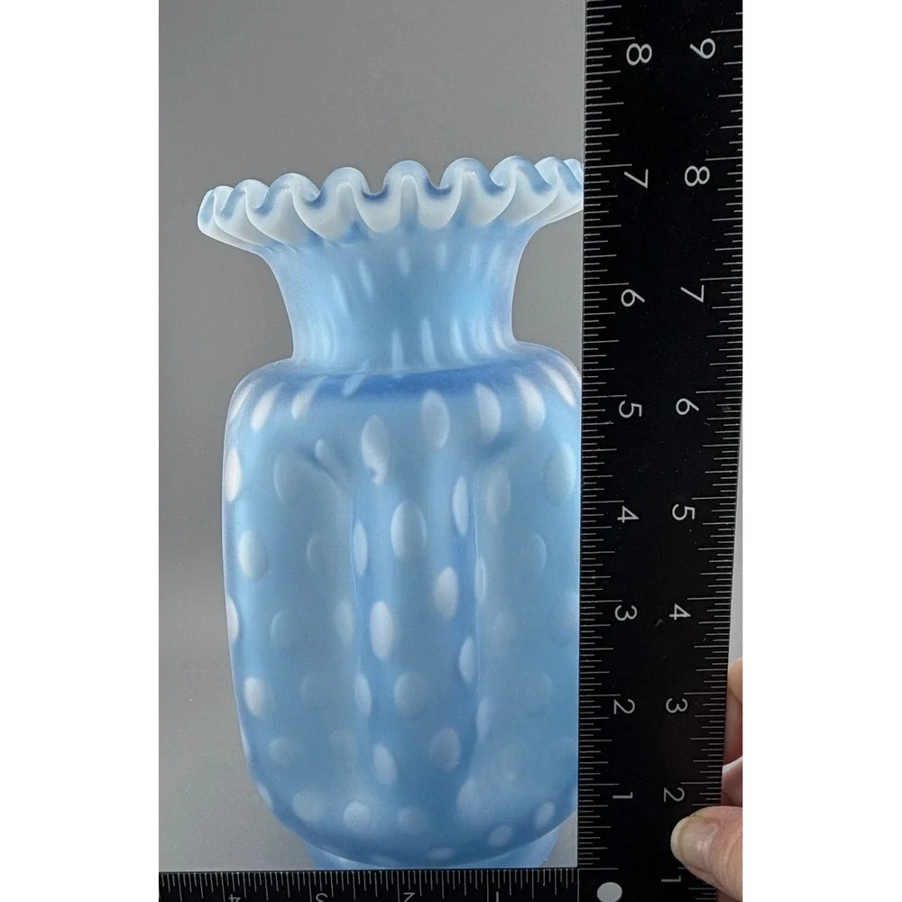 Vintage Fenton Vase Satin Blue Opalescent Optic Dot Pinch Crimped Rim 8